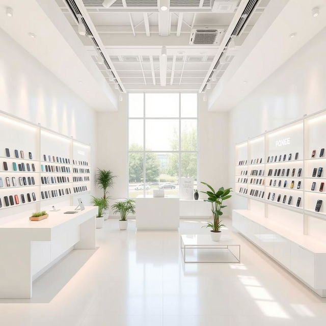 An interior view of a modern cell phone shop designed with a simple and minimalist aesthetic