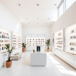 An interior view of a modern cell phone shop designed with a simple and minimalist aesthetic