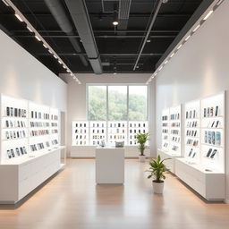 An interior view of a modern cell phone shop designed with a simple and minimalist aesthetic