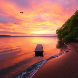 A serene landscape featuring a tranquil lake reflecting the vibrant colors of a sunset