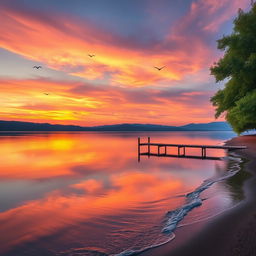 A serene landscape featuring a tranquil lake reflecting the vibrant colors of a sunset