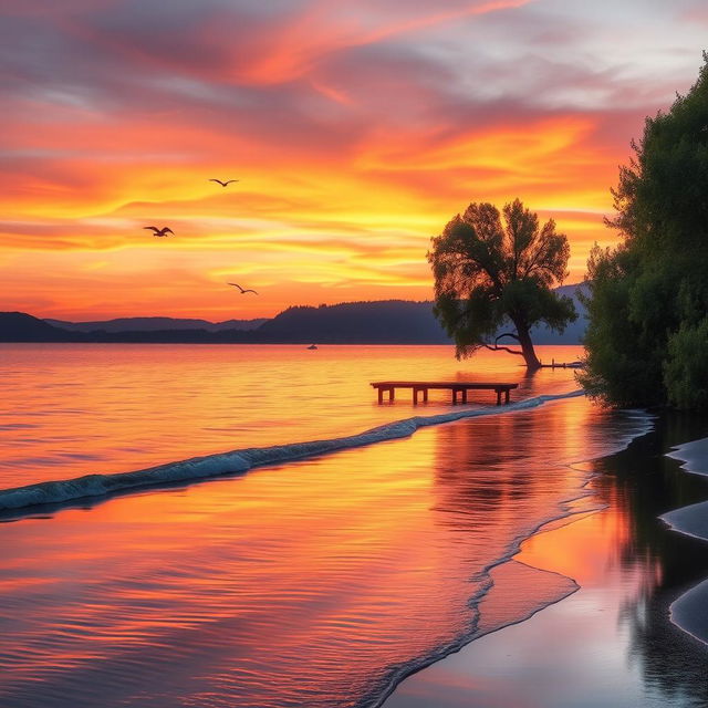 A serene landscape featuring a tranquil lake reflecting the vibrant colors of a sunset