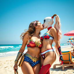 An exhilarating scene depicting Wonder Woman and Harley Quinn, both in stylish strapless bikinis, sharing a playful kiss on a vibrant beach