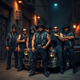 A group of confident gangsters in stylish dark clothing standing together, showcasing a variety of cool accessories such as sunglasses, chains, and hats