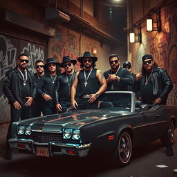 A group of confident gangsters in stylish dark clothing standing together, showcasing a variety of cool accessories such as sunglasses, chains, and hats