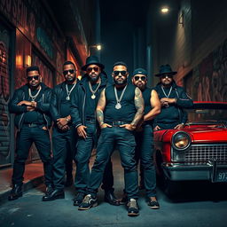 A group of confident gangsters in stylish dark clothing standing together, showcasing a variety of cool accessories such as sunglasses, chains, and hats