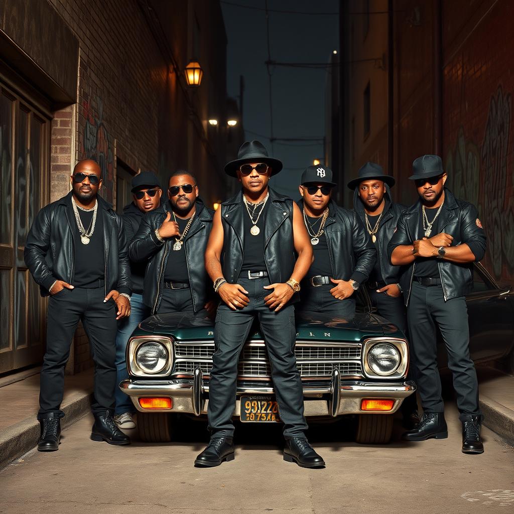 A group of confident gangsters in stylish dark clothing standing together, showcasing a variety of cool accessories such as sunglasses, chains, and hats