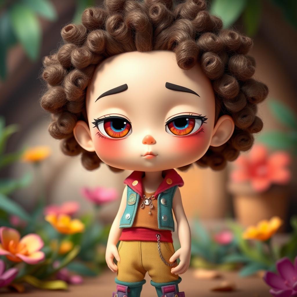 A humanoid figure with slanted eyes that appear large and expressive, curly hair that adds volume and texture, and a body posture similar to that of a human