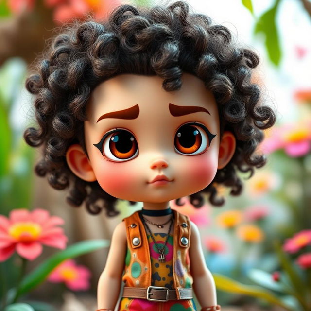 A humanoid figure with slanted eyes that appear large and expressive, curly hair that adds volume and texture, and a body posture similar to that of a human