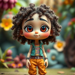 A humanoid figure with slanted eyes that appear large and expressive, curly hair that adds volume and texture, and a body posture similar to that of a human