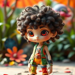 A humanoid figure with slanted eyes that appear large and expressive, curly hair that adds volume and texture, and a body posture similar to that of a human