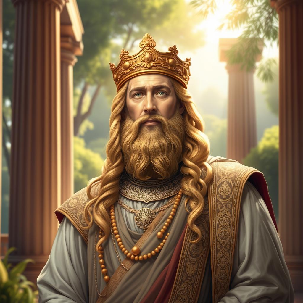 A majestic portrait of Cyrus the Great, showcasing him as a powerful and wise ruler