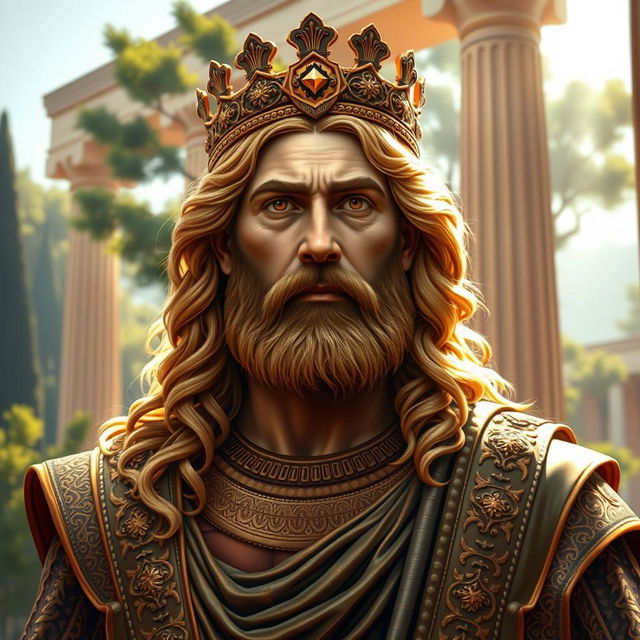 A majestic portrait of Cyrus the Great, showcasing him as a powerful and wise ruler