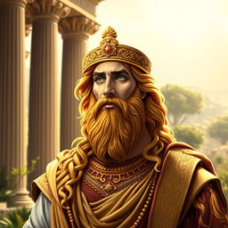 A majestic portrait of Cyrus the Great, showcasing him as a powerful and wise ruler