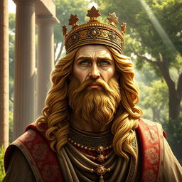 A majestic portrait of Cyrus the Great, showcasing him as a powerful and wise ruler