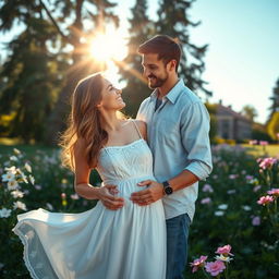 A romantic couple standing close together in a lush, green park surrounded by blooming flowers