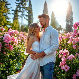 A romantic couple standing close together in a lush, green park surrounded by blooming flowers
