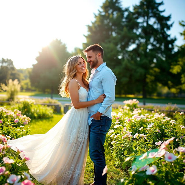 A romantic couple standing close together in a lush, green park surrounded by blooming flowers