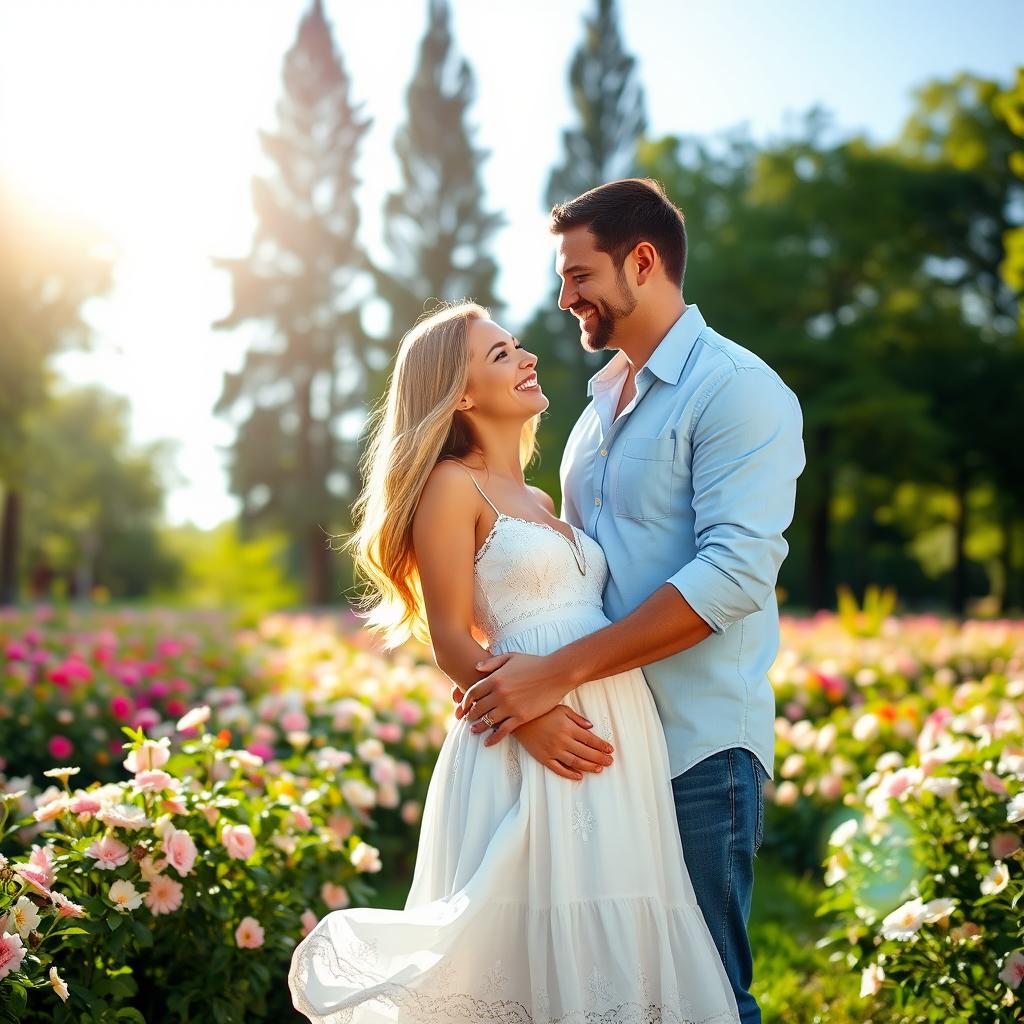 A romantic couple standing close together in a lush, green park surrounded by blooming flowers