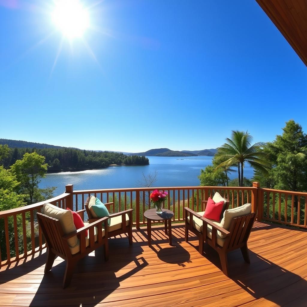 A beautifully crafted wooden deck overlooking a serene lake, surrounded by lush green trees under a clear blue sky
