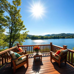 A beautifully crafted wooden deck overlooking a serene lake, surrounded by lush green trees under a clear blue sky