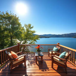 A beautifully crafted wooden deck overlooking a serene lake, surrounded by lush green trees under a clear blue sky