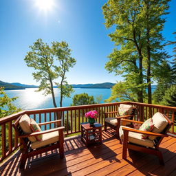 A beautifully crafted wooden deck overlooking a serene lake, surrounded by lush green trees under a clear blue sky