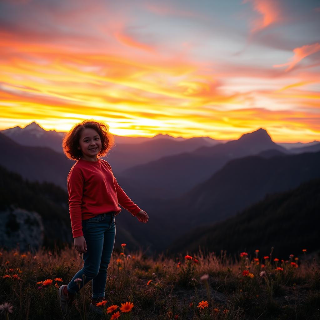 A girl with curly short hair and a boy stand in front of each other, holding hands in a beautiful mountainous landscape during sunset