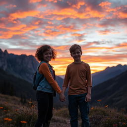 A girl with curly short hair and a boy stand in front of each other, holding hands in a beautiful mountainous landscape during sunset
