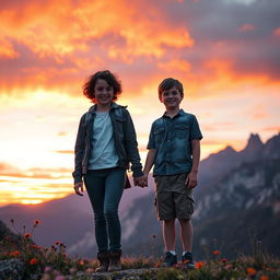 A girl with curly short hair and a boy stand in front of each other, holding hands in a beautiful mountainous landscape during sunset