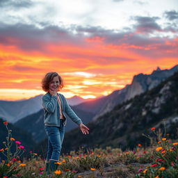 A girl with curly short hair and a boy stand in front of each other, holding hands in a beautiful mountainous landscape during sunset