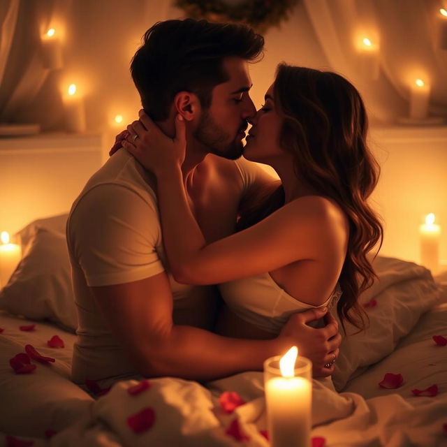 A romantic scene featuring a couple intimately embracing each other, surrounded by soft candlelight creating a warm atmosphere