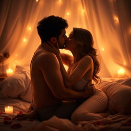 A romantic scene featuring a couple intimately embracing each other, surrounded by soft candlelight creating a warm atmosphere