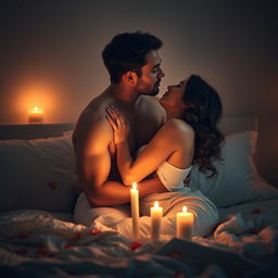 A romantic scene featuring a couple intimately embracing each other, surrounded by soft candlelight creating a warm atmosphere