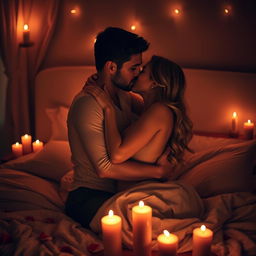 A romantic scene featuring a couple intimately embracing each other, surrounded by soft candlelight creating a warm atmosphere