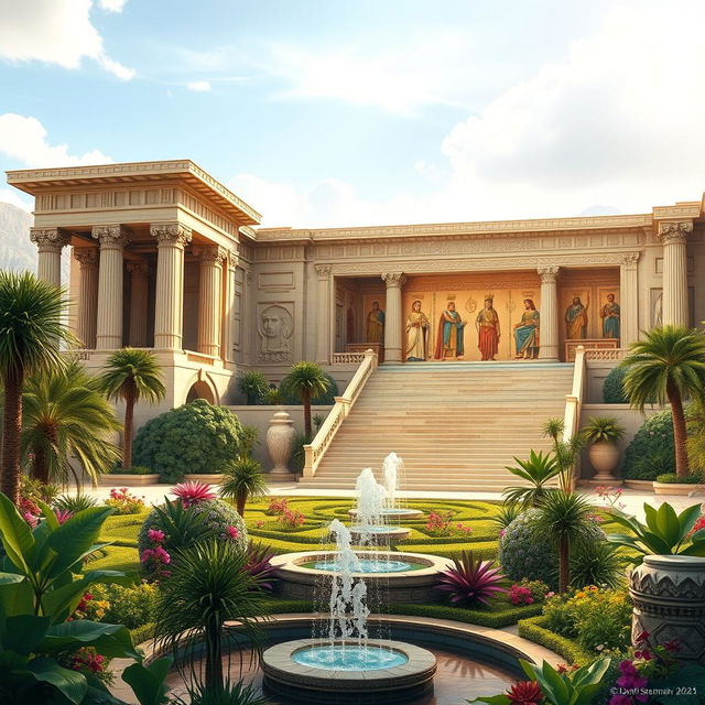 An artistic representation of the Achaemenid Empire (Hakhamanishian), showcasing a majestic ancient Persian palace with intricate carvings, towering columns, and grand stairways