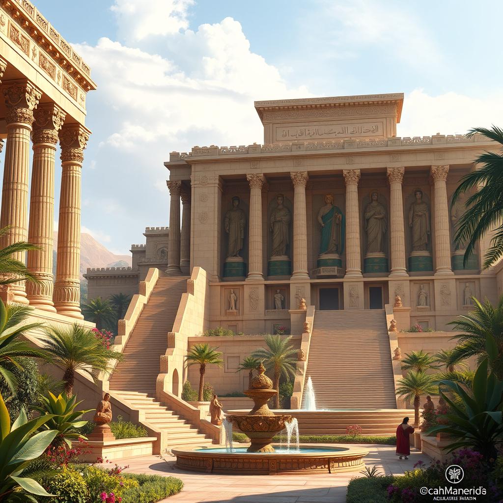 An artistic representation of the Achaemenid Empire (Hakhamanishian), showcasing a majestic ancient Persian palace with intricate carvings, towering columns, and grand stairways