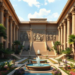 An artistic representation of the Achaemenid Empire (Hakhamanishian), showcasing a majestic ancient Persian palace with intricate carvings, towering columns, and grand stairways