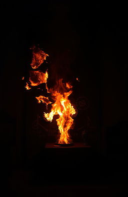 A captivating scene of a mysterious burning wall in a dimly lit room, with flickering flames casting dramatic shadows