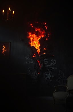 A captivating scene of a mysterious burning wall in a dimly lit room, with flickering flames casting dramatic shadows