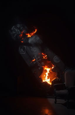 A captivating scene of a mysterious burning wall in a dimly lit room, with flickering flames casting dramatic shadows