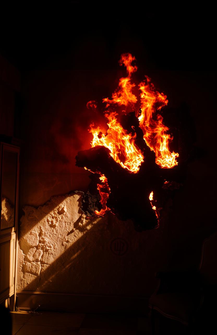 A captivating scene of a mysterious burning wall in a dimly lit room, with flickering flames casting dramatic shadows