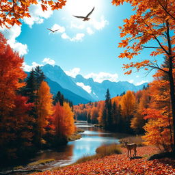 A stunning landscape showcasing a vibrant forest during autumn, with trees displaying fiery red, orange, and yellow leaves