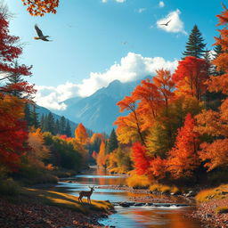 A stunning landscape showcasing a vibrant forest during autumn, with trees displaying fiery red, orange, and yellow leaves