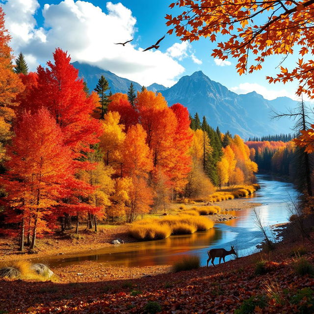 A stunning landscape showcasing a vibrant forest during autumn, with trees displaying fiery red, orange, and yellow leaves