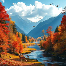 A stunning landscape showcasing a vibrant forest during autumn, with trees displaying fiery red, orange, and yellow leaves
