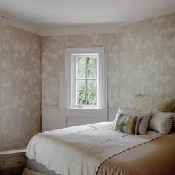 A chic bedroom with short walls and a single small window on the right side covered in beautiful wallpaper. The room is stylishly furnished, showcasing an elegant and trendy atmosphere.