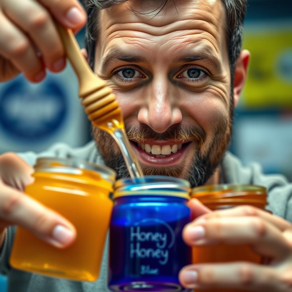 A close-up image of a man mixing various types of honey in a small container