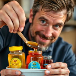 A close-up image of a man mixing various types of honey in a small container