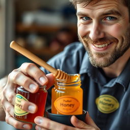 A close-up image of a man mixing various types of honey in a small container